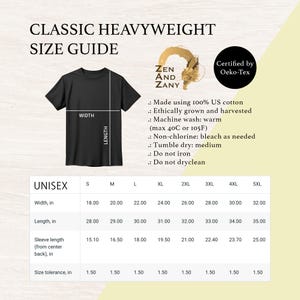 Size guide for the Classic Heavyweight Unisex T-shirt by Zen And Zany. Features a black t-shirt diagram showing where width and length are measured, accompanied by an Oeko-Tex certification badge and care instructions. Below is a detailed size table from S to 5XL listing width, length, sleeve length, and size tolerance in inches.