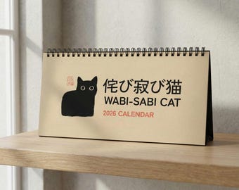 Calendario japonés Wabi Sabi 2026 con gatos negros, calendario de escritorio con arte cultural japonés, decoración zen para oficina, regalo kawaii para amantes de los gatos, estilo lavado de tinta