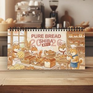 Op de afbeelding: Een spiraalgebonden kalender met een illustratie van Shiba Inu-honden die brood bakken. De kalender heeft de tekst "PURE BREAD SHIBA 2026" en toont diverse bakkerijproducten. De achtergrond toont een keuken met een koffiemachine.