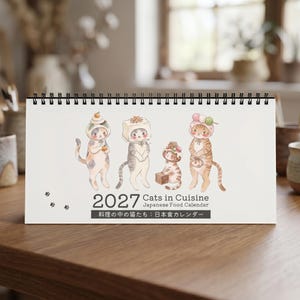 2026 2027 Kat in Japans eten kalender, kawaii sushi ramen maandplanner, grappige katten in de keuken, leuk kattenliefhebber cadeau, kantoor aan huis decor