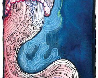 May include: Abstract watercolor painting featuring a jellyfish-like form. The artwork uses a palette of pink, red, blue, and white, with intricate line work detailing the form. The background is a deep blue, creating a contrast with the lighter colors.
