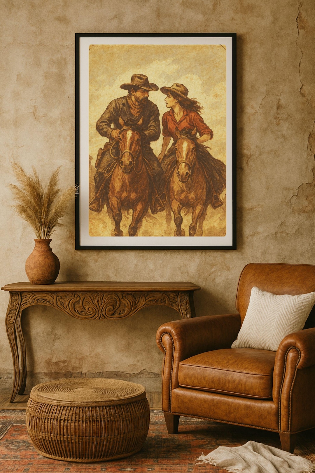 Western Cowboy Couple Riding Horses Printable Wall Art | Vintage Outlaw ...