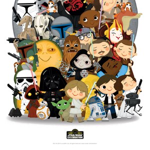 May include: A colorful illustration of characters from the Star Wars franchise. The characters are depicted in a cartoon style and are arranged in a group. The illustration includes characters such as Darth Vader, Yoda, Chewbacca, R2-D2, and C-3PO. The illustration is set against a white background and includes the text "Chicago 2019 Star Wars Celebration".