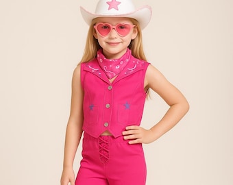 Girls Cowgirl Costume, Pink Starry Outfit, Western-Themed Halloween Birthday Party Princess Dress, Handmade Toddler Halloween Dress Gift