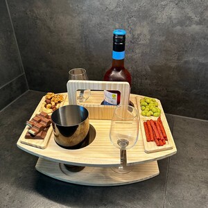 Regalo de madera para fiesta de cumpleaños, Bandeja de roble para vino y comida, Tendencias, Bandeja de queso y refrigerios al aire libre, Mesa de picnic portátil de madera para vino