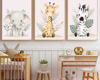 Stampe per la cameretta dei bambini con animali del safari: elefanti, giraffe, zebre, giungla, decorazioni per la cameretta dei bambini, decorazioni murali per bambini, download digitale