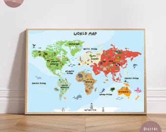 World Map for Kids | Animals World Map Poster | Educational Playroom Wall Art | Classroom Geography Print | Nursery Decor Digital Download