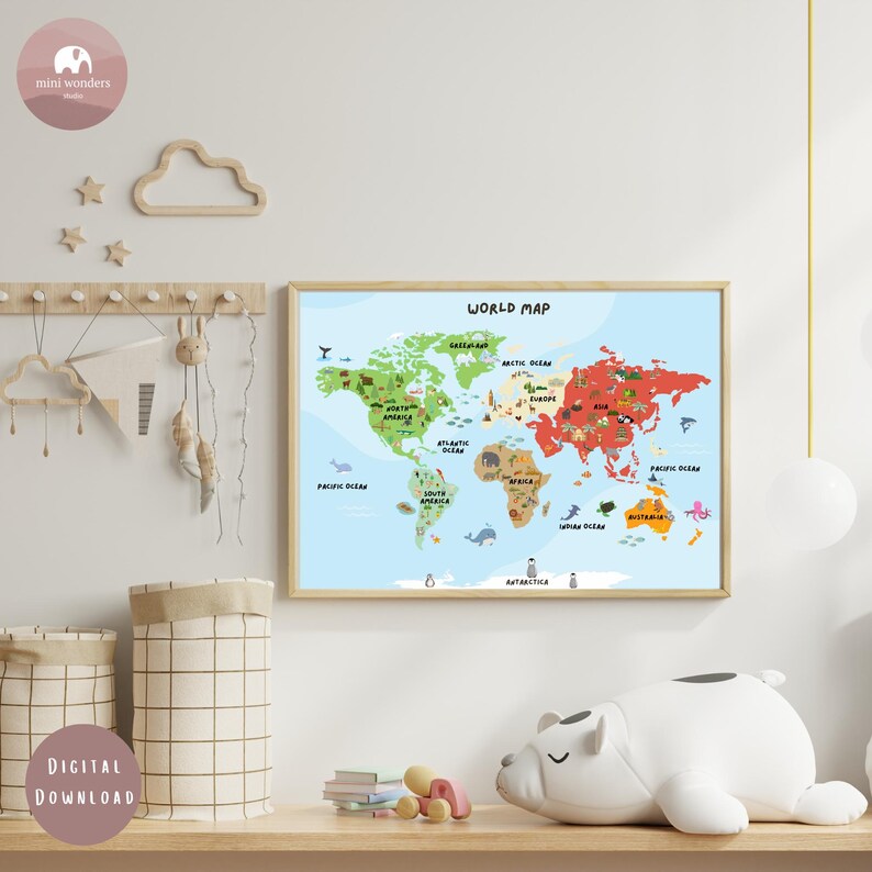 World Map for Kids | Animals World Map Poster | Educational Playroom ...
