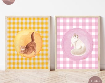 Pastel Cat Wall Art Printable Bundle – 2 Set of Gingham Nursery Posters – Cute Digital Download for Kids Room, Baby Girl Room Decor