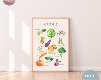 Póster educativo de verduras para niños, descarga digital de arte mural educativo, póster de verduras para guardería, póster de comida infantil, impresión de nutrición preescolar