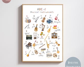 Arte mural con alfabeto musical para guardería, descarga digital - Póster musical del abecedario para niños - Decoración imprimible para aulas de música - Decoración educativa infantil