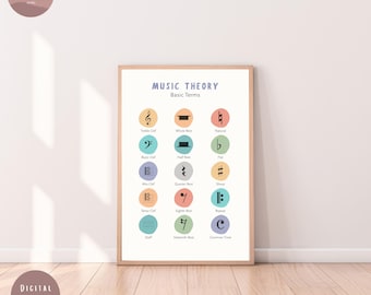 May include: A framed print titled "MUSIC THEORY Basic Terms" with colorful illustrations of musical symbols. The print includes the Treble Clef, Whole Rest, Natural, Basic Clef, Half Rest, Flat, Alto Clef, Quarter Rest, Sharp, Tenor Clef, Eighth Rest, Repeat, Staff, Sixteenth Rest, and Common Time.
