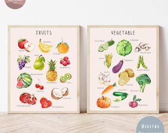 May include: Two printable charts with watercolor illustrations of fruits and vegetables. The chart on the left shows 14 fruits with their names: apple, grape, pomegranate, banana, orange, pear, raspberry, watermelon, pineapple, kiwi, cherry, coconut, and strawberry. The chart on the right shows 14 vegetables with their names: cucumber, cabbage, mushroom, corn, eggplant, green beans, garlic, carrot, zucchini, broccoli, potato, beetroot, and pumpkin.