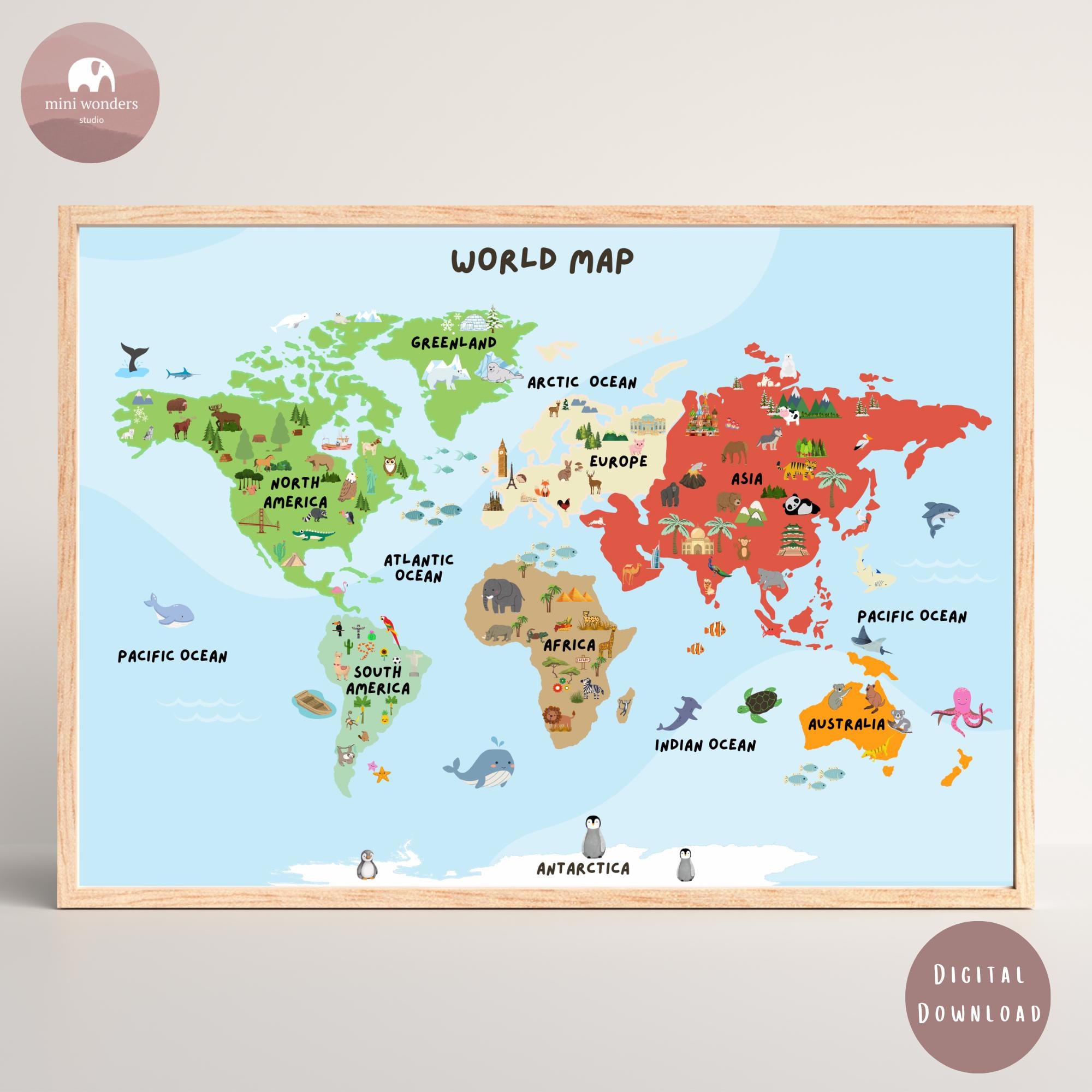 World Map for Kids | Animals World Map Poster | Educational Playroom ...