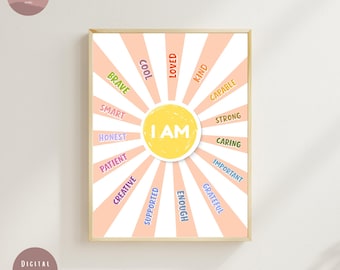 I Am Affirmations Poster for Kids | Positive Words Wall Art | Nursery & Kids Room Printable | Digital Download Sun Poster