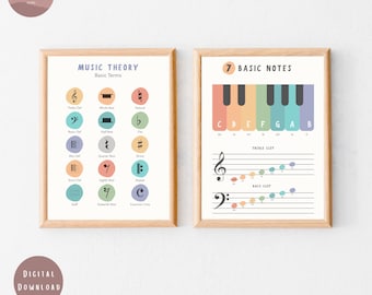 May include: Two framed educational posters with a light wood finish. One poster displays music theory terms and symbols in various colors. The other poster shows the seven basic notes with a colorful piano keyboard design and treble and bass clef.