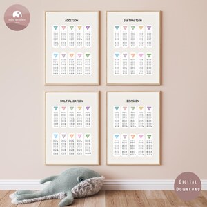 May include: Four framed educational posters with math equations for addition, subtraction, multiplication, and division. Each poster has a beige background with colorful triangle accents. A plush whale toy rests below the posters.
