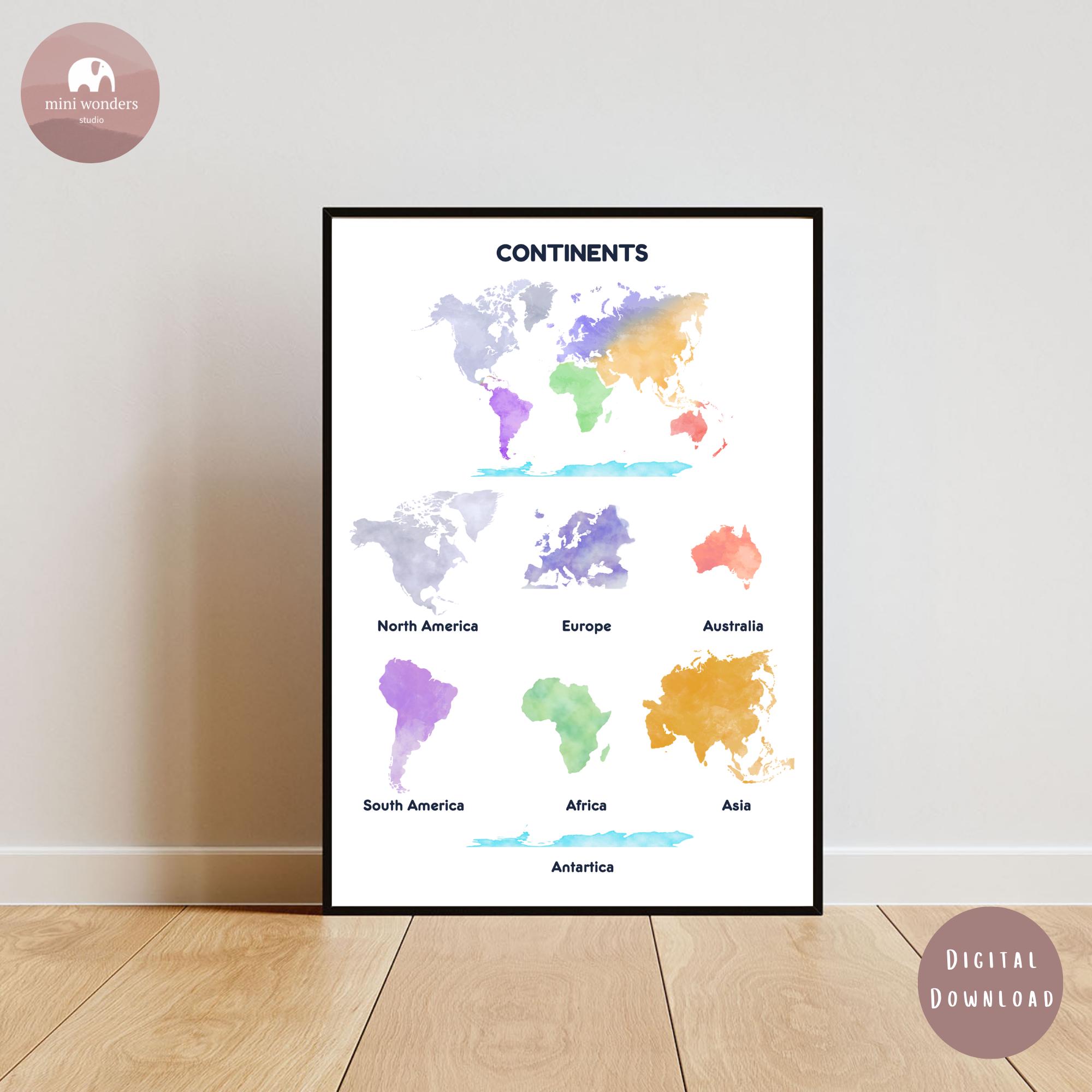 Continents Map Poster for Kids | 7 Continents of the World ...