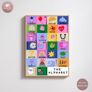 May include: A framed alphabet poster featuring colorful squares, each with a letter and corresponding image. Illustrations include an astronaut, a rainbow, a guitar, and a zebra. The text "THE ALPHABET" is at the bottom.