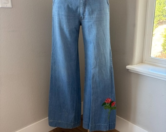 Vintage 1970's Wide Leg Jeans with Original Hand Needlepoint Embroidery