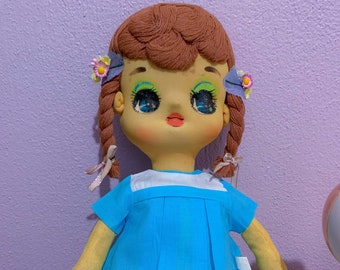 Vtg Japan Doll Large Big Eye Pose doll in Blue Dress Bunka
