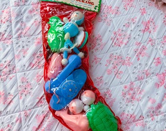 VTG Kitsch Celluloid Santa Stocking Rattle Toy Unopened