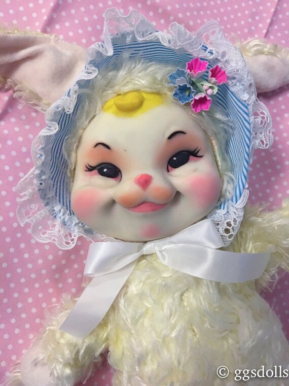 VTG Plush Stuffed Animal Rubber Face Sweet Girl Bunny Rabbit