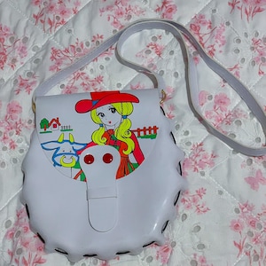 Sac à main japonais kitsch en cuir blanc, cow-girl, galaxie aux grands yeux, VTG