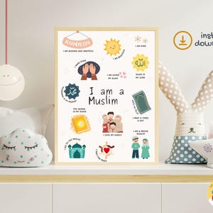 Cartel infantil de afirmaciones positivas islámicas, arte de pared, digital, imprimible