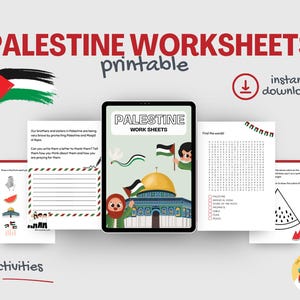 May include: A set of printable Palestine worksheets for kids. The worksheets feature a variety of activities, including a word search, a coloring page, and a writing prompt. The worksheets are designed to help children learn about Palestine and its culture.