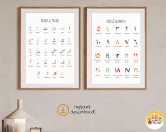 Alfabet en cijfers Arabische digitale poster, kunst aan de muur, kinderkamer moslim, klas, islam, afdrukbaar