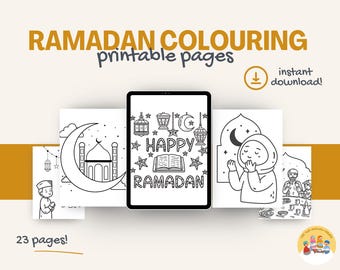 May include: A set of 23 printable coloring pages featuring Ramadan themes. The pages include illustrations of a mosque, crescent moon, stars, lanterns, and people praying. The text "Happy Ramadan" is featured on one of the pages.