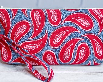 Red blue paisley zippered clutch pouch, travel bag, clutch