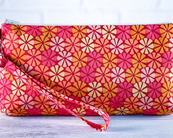 Pink orange yellow geometric floral zippered clutch pouch, travel bag, clutch