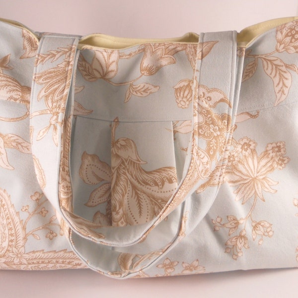 Blue Tan Yellow Floral Toile Pleated Olive Handbag Purse