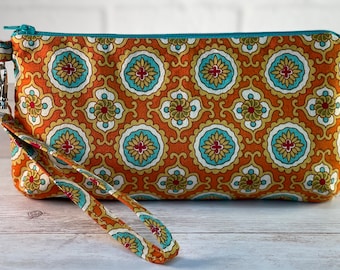 Orange teal medallion print zippered clutch pouch