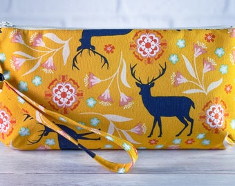 Yellow deer silhouette floral zippered clutch pouch, travel bag, clutch