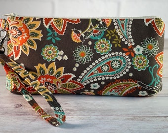 Muted paisley print zippered clutch pouch