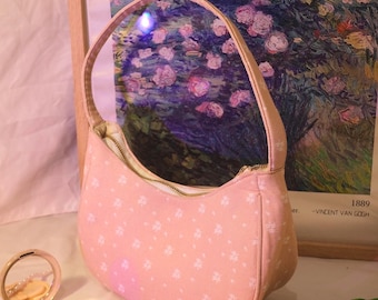 Basic Shoulder Bag - Pink White Floral - Linen Handmade Bag - Aesthetic Vintage Flower Handbag - country style - Gift for Her