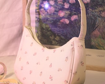 Basic Shoulder Bag - White Bag/ Tiny White Floral - Linen Handmade Bag - Aesthetic Vintage Flower Handbag - country style - Gift for Her