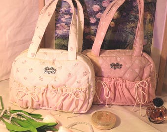 Karine Quilted Mini Bag - White/Pink Linen Tiny Floral Handmade Bag - Aesthetic Vintage Flower Handbag - country style - Gift for Her