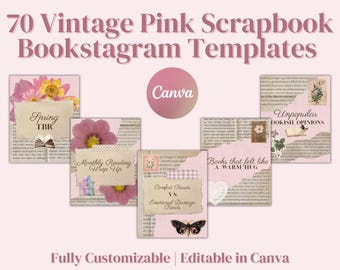 May include: A collection of 70 vintage pink scrapbook Bookstagram templates featuring floral accents, torn paper textures, and text overlays including Spring TBR, Monthly Reading Wrap Up, Comfort Reads vs Emotional Damage Reads, and Unpopular Bookish Opinions.
