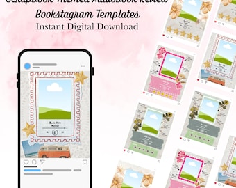 May include: A smartphone displays a scrapbook-themed template for audiobook reviews. The design includes a frame, stars, and a small orange van. The text on the screen reads "Book Title Author". Additional templates are shown with floral and star accents.