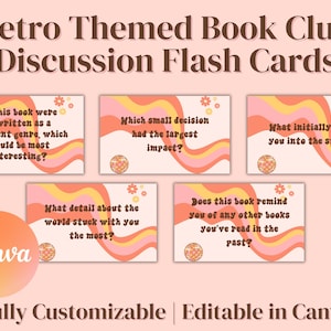 May include: A set of retro-themed book club discussion flash cards. Each card has a design with orange and pink wavy lines. Questions include: "If this book were rewritten as a different genre, which would be most interesting?"