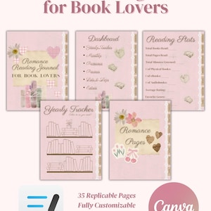 May include: A digital Romance Reading Journal for book lovers featuring pink pages with floral accents, a dashboard, reading stats, a yearly tracker, and romance pages. The set includes 35 replicable, customisable pages editable in Canva and optimised for Goodnotes.