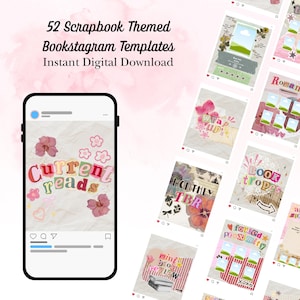 Puede incluir: Descarga digital de 52 plantillas de Bookstagram con temática de álbum de recortes. La imagen muestra un teléfono con una publicación "Current Reads", rodeado de otras plantillas con elementos florales y de álbum de recortes. El texto dice "Instant Digital Download".