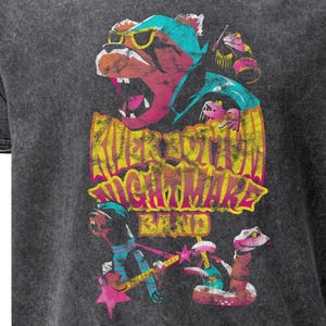 May include: Dark gray t-shirt with a graphic of a cartoon character wearing sunglasses and the text "River Bottom Nightmare Band". The graphic includes other cartoon characters and the band's name in yellow.