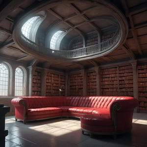 May include: A large, red, sectional sofa with a curved shape sits in a library with tall bookshelves filled with books. The room has a high ceiling with a circular opening and a balcony above.