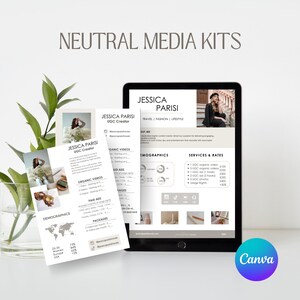 Könnte beinhalten: Ein digitales Medienkit für eine UGC-Erstellerin namens Jessica Parisi. Das Kit enthält Informationen über ihre Demografie, Dienstleistungen und Preise. Das Kit ist in einem neutralen Farbschema mit moderner Ästhetik gestaltet.
