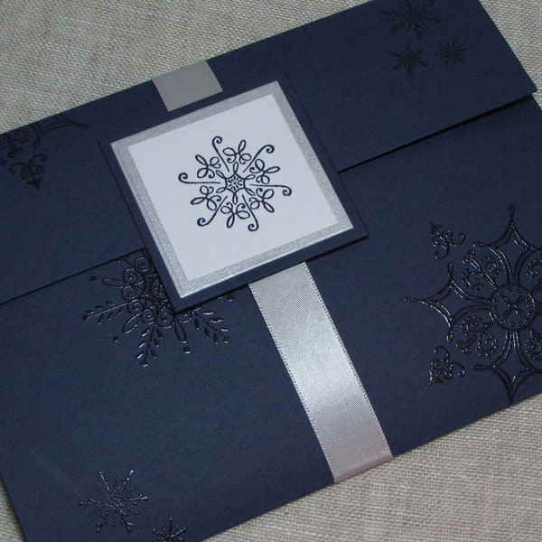 Snowflake Navy & Silver Wedding Invitation Pocket Fold